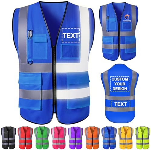Gridachi Gilet de sécurité personnalisé avec logo, gilets réfléchissants haute visibilité, poches zippées, vêtements de travail de construction personnalisés de classe 2 pour hommes et femmes