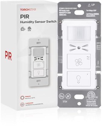 TORCHSTAR Humidity Sensor Switch with PIR Motion Detection, Adjustable Timing, Moisture Control, Automatic Fan & Light Control for Bathrooms Basements, Single Pole, 1/2 HP, White, ETL Certified