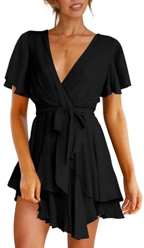 XFSRG Vestito Donna Maniche Corte Scollo V Orlo a Volant Pieghe Abiti Miniabito da Sera Cocktail Party(Nero/M)