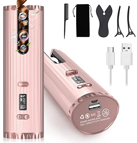 Rizador de pelo automático, rizador de pelo portátil, rizador inalámbrico antiarrugas, 6 temporizador/temperatura, USB recargable, pantalla LCD, para pelo largo y corto Styler