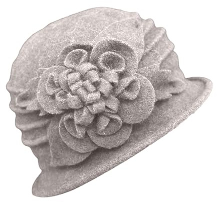 Generisch Cappello a campana in lana stile floreale donna cappello invernale anni '20 per uno stile elegante, grigio chiaro., Taglia unica