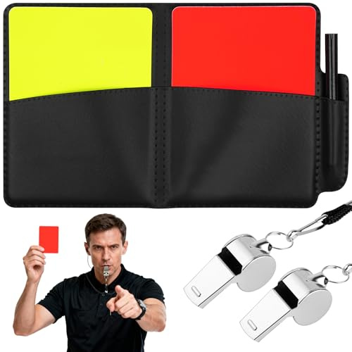 AYESY Silbato de Acero Inoxidable, Kit de Tarjetas de árbitro Roja Amarilla con 2 Piezas Silbato de Entrenador de Metal con 46cm Cordón, Silbatos de Sonido Fuerte y Nítido para árbitros Entrenadores A