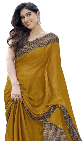 MIRCHI FASHION Women's Stylish Chiffon Contrast Border-Pallu Printed Saree with Blouse Piece, Golden, Brown, One Size