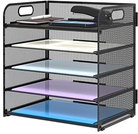 Supeasy 5 Trays Paper Organizer Letter Tray with Handle-Mesh Desk File Holders, Paper Sorter Desk Organizer for Office, Home, Classroom or School