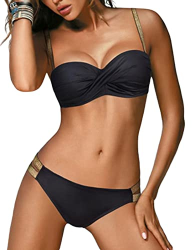 UMIPUBO Swimsuits for Women Push Up Padded Bikini Sets Low Waisted Swimwear Two Piece Bathing Suits Swimming Costume (Black, XL)