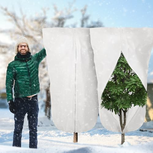 ECCOGREAT 2PCS Garden Fleece Frost Protection, 70gms 120x180cm Plant Fleece Frost Protection with Zipper Drawstring for Outdoor Plants Cold Weather Protector
