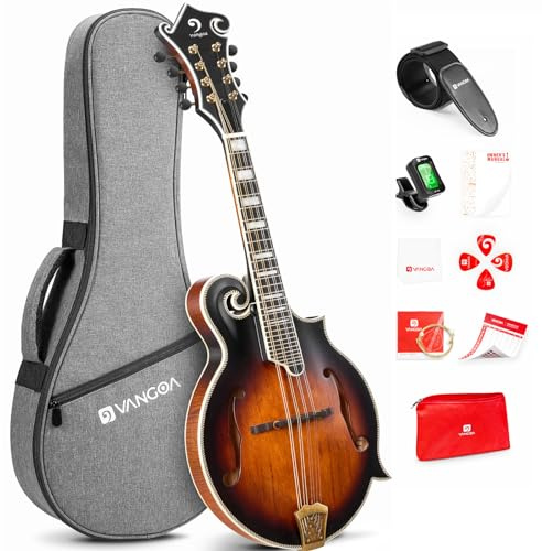 Vangoa F-Style Mandolins Instrument, Solid Spruce and Maple, 29-Fret, Ebony Fingerboard and Bridge, 8 String Acoustic Mandolin, for Beginner Adults and the higher stages players, Classic Sunburst