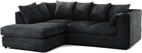 SofaSelection Spacious Jumbo Cord Left Hand Corner Sofa, Soft Cord Fabric L-Shaped Couch with Deep-Filled Scatter Back Cushions, 4-5 Seater Family Living Room Suite (Black)