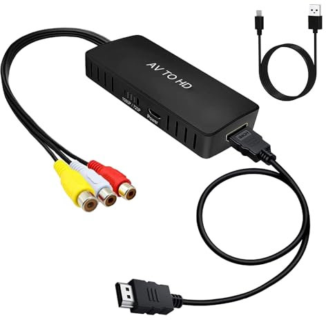 Convertisseur SZJUNXIAO RCA vers HDMI avec Câbles, Adaptateur AV Full HD 720/1080P Vidéo Audio pour HDTV, Moniteur, Projecteur, STB, VHS, Xbox, PS3, Lecteur DVD - Supporte PAL/NTSC