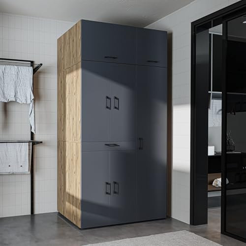 ROOMART Waschmaschinenschrank Dora Set für Trockner & Waschmaschine, in 4 Farben, mit Türen & Ausziehbrett • Weiß • Weiß Eiche • Anthrazit Eiche • Eiche (Anthrazit Eiche - 230 cm hoch)