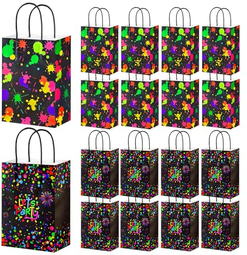 YIMETOP 16 Pcs Neon Party Bags, Glow Party Favor Bags, Paper Party Bags with Handles, Glow in the Dark Party Supplies for Birthdays, Weddings, and Neon-Themed Parties（15x8x21CM）