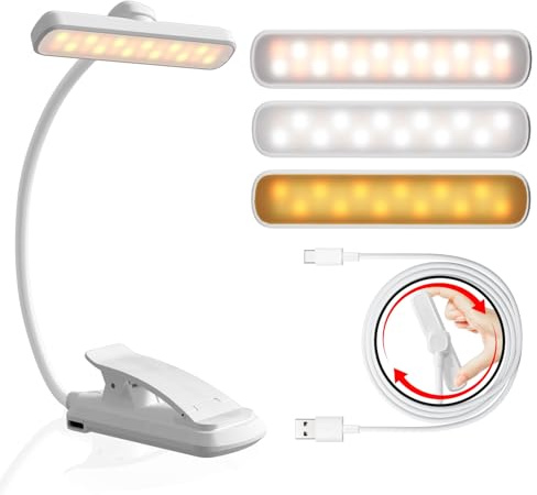 LUTW 24 LEDs Luce da Lecttura per Libro, Lampada da Lettura con Pinza Ricaricabile, 3 Temperature di Colore & 5 Luminosità Regolabile, 360° Flessibile Collo d'oca per Lettori di Notte, Bianco