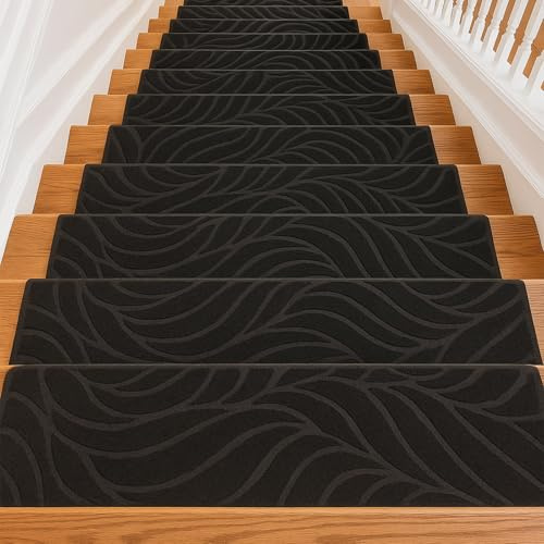 Vixzoid 15 Stück Treppenmatten Selbstklebend 76x20cm Treppenmatten für Holztreppen-Anti-Rutsch-Treppen-Teppich-Tritte,Filz selbstklebend Stufenmatten innen (Schwarz)