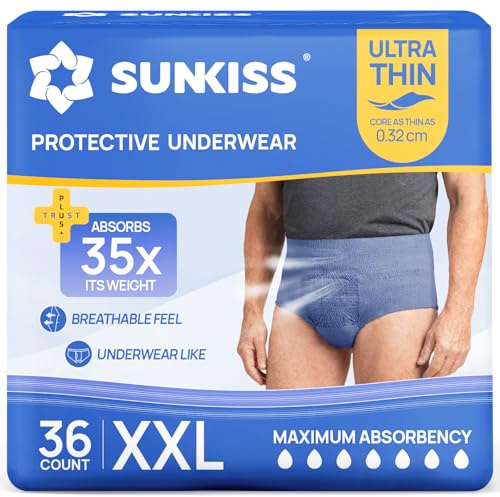 SUNKISS Ultra Fine Couche Adulte Homme Slips Jetables Sous-Vêtements Absorbants Absorption Rapide Fuites Urinaires Incontinence Modérée Taille XXL Bleu 36 Unités