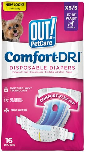 OUT! Pack de 16 Couches Féminins Jetables/Absorbantes avec Ajustement de Preuve de Fuite Extra Petit/Petit pour Chien16 Unités