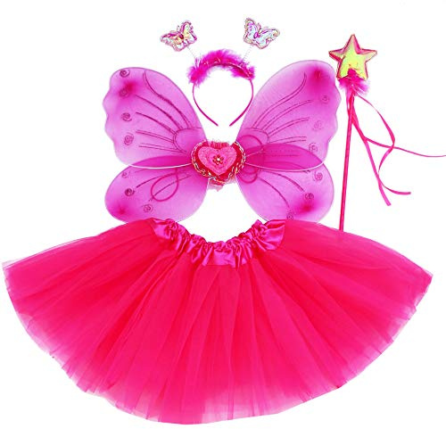 Fun Play TOWO Deguisement de Clochette fée Papillon - Ailes, Baguette, Serre-tête et Tutu - Déguisement Papillon pour Enfants 3-8 Ans -Couleur Rose indien