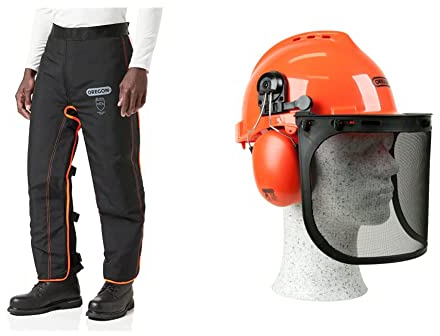 Oregon Universal Type A Chainsaw Safety Leggings & Yukon Chainsaw Safety Helmet with Protective Ear Muff and Mesh Visor, Impact Resistant Comfortable Hard Hat Safety Protection Equipment