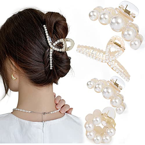 Mehayi 4 pinzas grandes para el cabello de perlas para mujeres y niñas, pinzas para el cabello grueso y fino, accesorios de moda para el cabello, herramientas de peinado para fiestas, bodas
