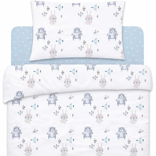 Lovely Hippo - Sábana Bajera de 80 x 160 cm + Funda Nórdica de 120 x 170 cm + Funda de Almohada Infantil de 40 x 60 cm. Cama 80x160. (Animales Azules, Cama 80x160 cm - Juego de 3)