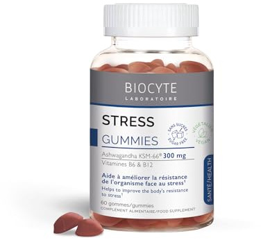 BIOCYTE Gummies stress - minskar trötthet, anti-stam - vitamin B6, Ashwagandha, vitamin D, B12, körsbärssmak - 60 gummies - 30-dagarsprogram - vegansk, sockerfri, glutenfri