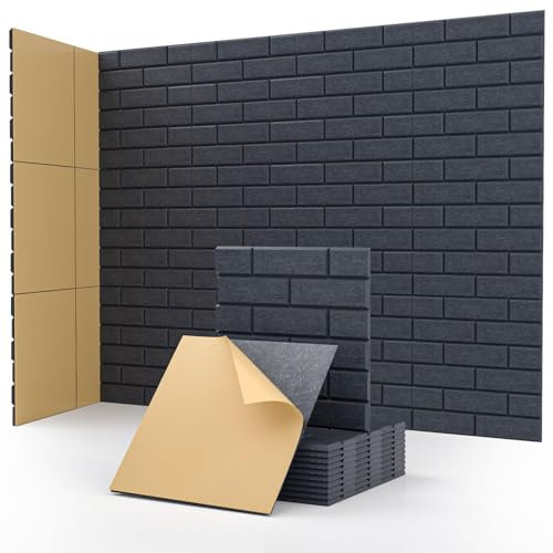 Soundsbay Lot de 12 panneaux acoustiques autocollants pour isolation phonique murale haute densité type brique pour traitement acoustique et décoration murale 30 x 30 x 0,9 cm (Gris foncé)
