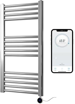 Greened House Scaldasalviette elettrico cromato intelligente controllato WiFi 400 mm L x 800 mm H piatto 7 giorni programmabile compatibilità app timer