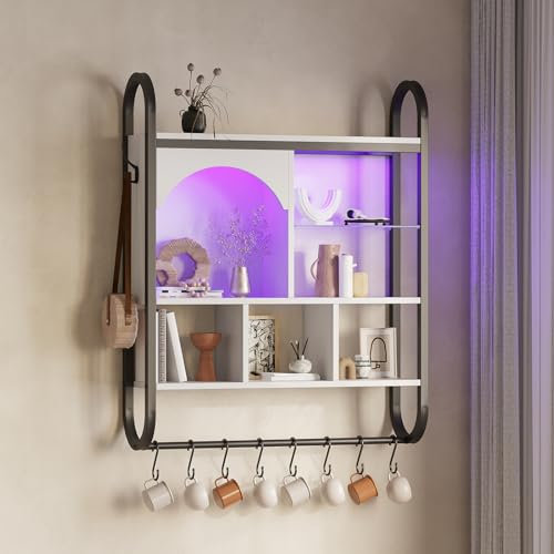 cointwo Floating Shelves with Lights, Led Shelves for Wall, Gaming Display Shelf, Lighted Bar Shelves, Arched Shelf for Collectibles, Sturdy Fast Assembly Great Weight Capacity (White)