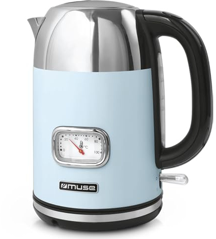 Muse Edelstahl Retro Wasserkocher mit analoger Temperaturanzeige, waschbarer Filter, transparente Skala, 1,7L Fassungsvermögen, automatische Abschaltung, pastell-blau