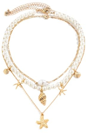 Onperpoe Ocean Charm Necklace Set Shell Necklace Layered Pearl Necklaces for Women Girls Gold Shell Starfish Necklaces Personalized Fashion Jewelry (3 layer)