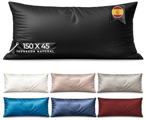 Funda Almohada Seda 150 cm - MELOPIDO - Seda Morera 22 Momme 6A Mulberry Natural hipoalergénica Transpirable antiácaros termorreguladora Cuidado Piel Cabello - 150x45 cm Negro