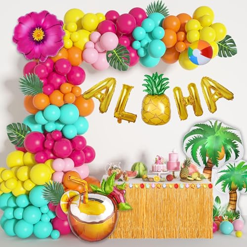 188Pcs Tropical Ballon de Plage Décoration Palmier Gonflable Fleur Flamant Rose Vif ALOHA Ananas Aluminium Ballons pour Pool Summer Party Decoration Déco Hawaienne Anniversaire Deco Hawai Fête