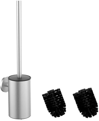 Mozmmhi Escobilla de inodoro de acero inoxidable 304, juego de escobillas para inodoro con montaje en pared y soporte para escobilla de inodoro, incluye 2 cabezales (Round Silver)