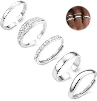 CASSIECA 5 Pezzi Anello Argento Donna, Anelli Impilabili per Donna con Zircone Anelli Minimalisti da Dito Aperto Anello da Pollice Promessa Fedine Argento per Fidanzata Moglie Mamma
