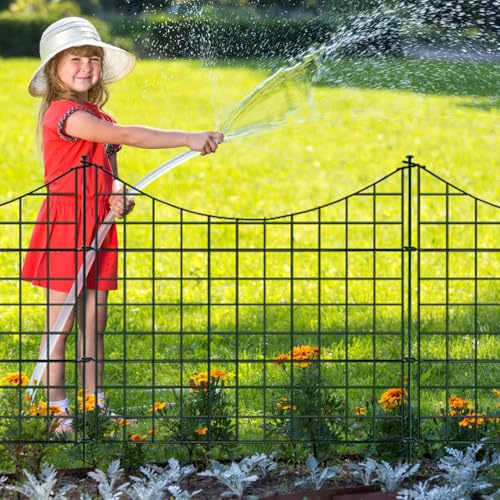 Jaxguom Clôture de jardin en métal - 5 éléments de clôture - Longueur : 3,74 m - Avec 6 barres de fixation - Clôture pour chien - Clôture en treillis pour animaux - Arc inférieur - Vert