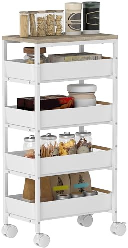 HOMCOM Carro de Cocina de Almacenamiento de 5 Niveles Carrito Auxiliar con Ruedas Tablero Efecto Madera y 4 Cajones Extraíbles Carrito de Cocina para Comedor Salón 39,5x24x82 cm Blanco