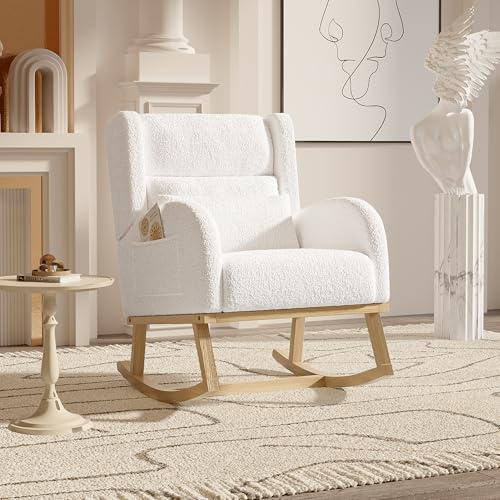 TIMORWTF Silla mecedora, mecedora para salón interior, chaise longue con cojín lumbar, sillón balancín para lactancia de terciopelo Teddy con patas de madera maciza, color blanco