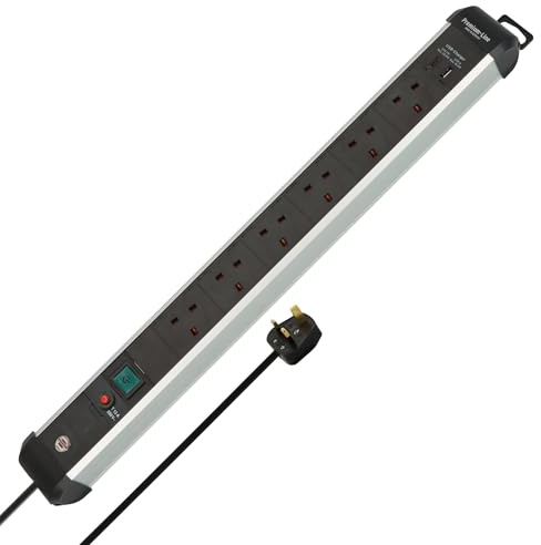 Brennenstuhl Premium-Alu-Line Power Strip with 6 sockets and USB C PD 30W and USB A 18W (Made in Germany, Extension Lead with 3m cable and switch, wall-mounted Power Strip) black