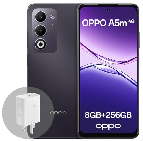 OPPO A5m 4G 8GB RAM + 256GB ROM, Smartphone Desbloqueado con IA, Pantalla de 6,67 Pulgadas y 90 Hz, cámara AF de 50 MP, batería de 6000 mAh, IP65, Midnight Purple (Incluye Cargador SUPERVOOC de 45 W)