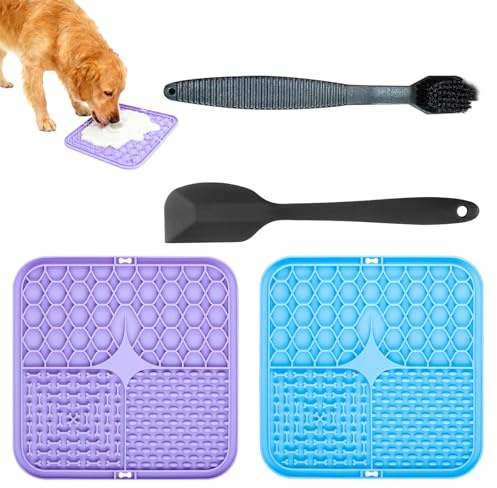 JURENEE 2 Piezas Lick Mat Perro, Alfombras de Lamer para Gatos Material de Silicona Apto para Uso Alimentario, Alfombrilla Lamer Perro Incluye Rascador y Cepillo Negros, Antideslizante y Duradero