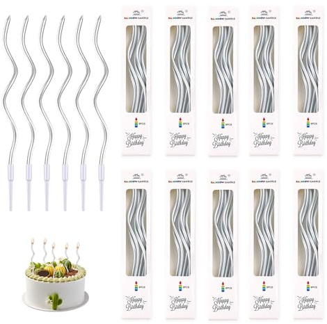 60 candele di compleanno a spirale con supporti, candele per cupcake, lunghe sottili, torte e torte, candele dai colori vivaci per feste, matrimoni, anniversari e lauree (argento)