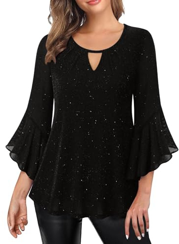 Top da donna con paillettes scintillanti eleganti increspate maniche a 3/4 in chiffon tunica fluida maglia camicie da donna camicette eleganti sciolte casual scollo a V lucido glitter pullover sera