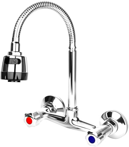Junrvivy Mezclador de pared de latón con dos manijas giratorio de 360°, interruptor de agua fría y caliente, grifo de pared, grifo de cocina, 2 modos de drenaje de agua, para cocinas, etc