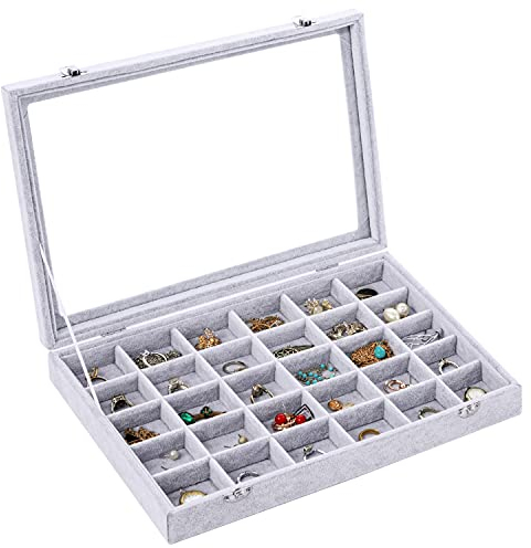 Yewclls Porta Orecchini Espositore Gioielli in Velluto Grigio con 30 Slots e Coperchio Trasparente - Donna Anelli 35x 24x 4.5cm