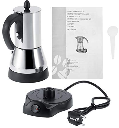 Tyenaza Elektrische Espressomaschine, Kaffee Mokkakanne 300ml Elektrischer Edelstahl Espresso Kaffee Mokkakanne Elektrische Kaffeemaschine EU Stecker 220V