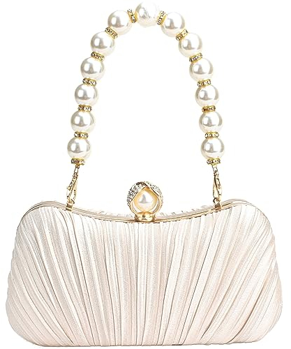 Menurra Clutch Purse Evening Bag Satin Pearl Purse Handbag for Bridal Wedding Porm (champange)