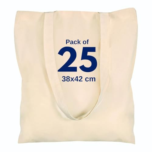Cotton Canvas Plain Tote Bags to Decorate in Bulk Pack of 3/5/10/25, 145gsm 100% Natural Cotton Premium Fabric Blank Reusable Large Canvas bag -38 X 42 cm+65cm long Handles (Pack of 25-Natural)