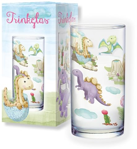 Lutz Mauder Kindertrinkglas — extra dickes Glas mit bunten Dino Motiven - Baby Dinosaurier, süße Dinos — robustes Trinkglas für kleine Erkunder und Entdecker
