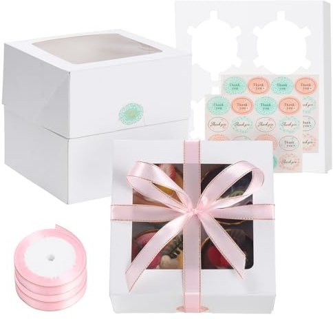 Coolty 20 Pezzi Fold-Free Scatole per Cupcake 4 Fori con Finestra e Inserti Scatole per Muffin Dessert Pasticcini Macarons Piccole Torte Biscotti Regali (Bianco)
