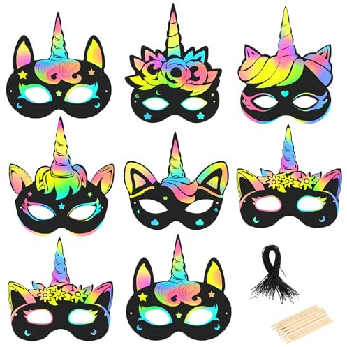MONCAP 24pcs Einhorn Masken Kratzbilder Maske Kinder Einhorn Partymasken Kratzpapier Regenbogen Scratch Art für Kinder Basteln Geschenk Geburtstag Karneval Halloween Einhorn Cosplay Party