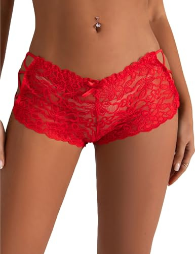 ohyeahlady Sexy Cheeky Hipster Panties Side Hollow Out French Knickers Brazilian Lace Knickers Plus Size Underwear Bikini Briefs Underpants Boxers for Women 1 Pack Red UK 14